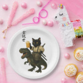 Samurai-Katze mit Bier & T-Rex | Retro-Japanische Pappteller (Party)