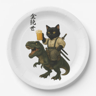 Samurai-Katze mit Bier & T-Rex Retro-Japanische Pappteller