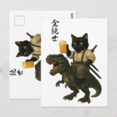 Samurai-Katze mit Bier & T-Rex | Retro-Japanische Postkarte (Vorne/Hinten)
