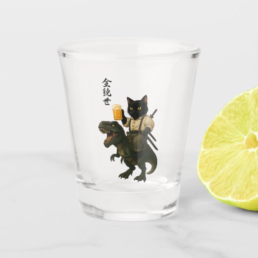 Samurai-Katze mit Bier & T-Rex | Retro-Japanische Schnapsglas (Vorderseite)