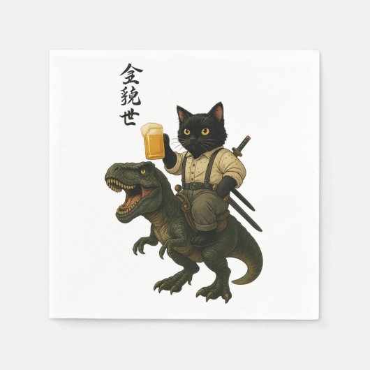 Samurai-Katze mit Bier & T-Rex | Retro-Japanische Serviette (Vorderseite)