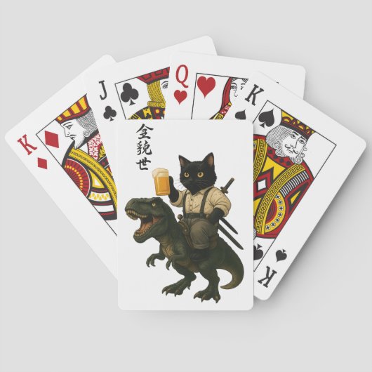 Samurai-Katze mit Bier & T-Rex | Retro-Japanische Spielkarten (Rückseite)