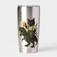 Samurai-Katze mit Bier & T-Rex | Retro-Japanische 
