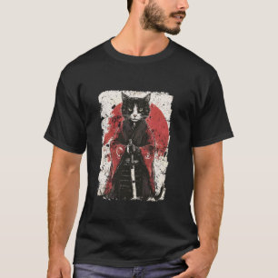 Samurai-Katze mit Katana Rote Sonne Japanische Fan T-Shirt