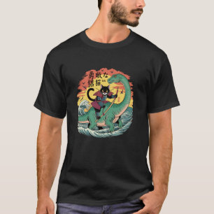 Samurai-Katze reitet auf Dinosaurier japanische Ku T-Shirt