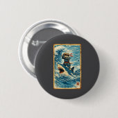 Samurai-Katze reitet auf Hai Retro-Welle Krieger L Button (Vorne & Hinten)