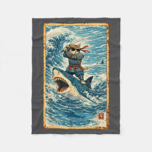 Samurai-Katze reitet auf Hai Retro-Welle Krieger L Fleecedecke