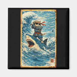 Samurai-Katze reitet auf Hai Retro-Welle Krieger L Magnet