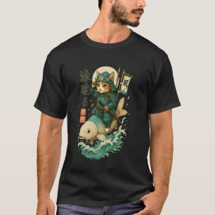 Samurai-Katze reitet Koi-Fisch Fantasy-Kunst T-Shirt