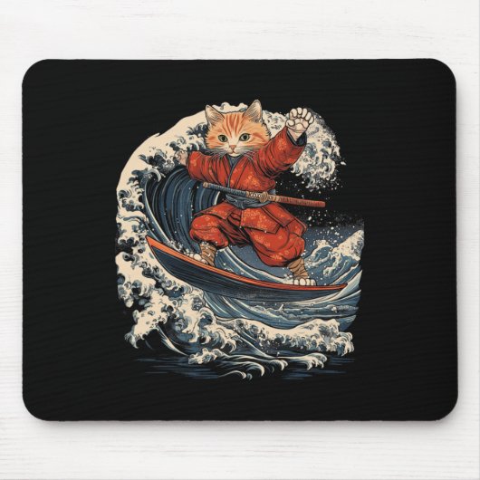Samurai-Katze surft auf der großen Welle Ronin Kat Mousepad (Vorne)