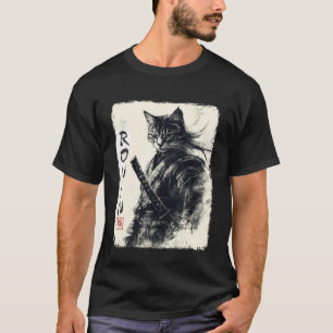 Samurai-Katze Vintage Japanische Sumi-e-Kunst Graf T-Shirt