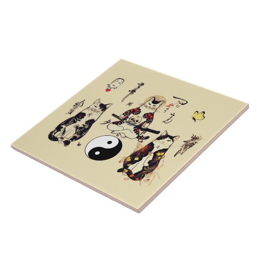 SAMURAI-KATZEN IN SKULL,SKELETON,BUTTERFLY-TATTOOS FLIESE (Seite)