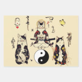 SAMURAI-KATZEN IN SKULL,SKELETON,BUTTERFLY-TATTOOS GESCHENKPAPIER SET (Vorderseite)