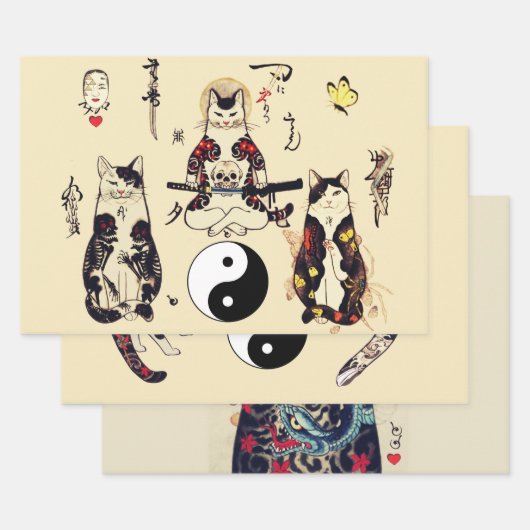 SAMURAI-KATZEN IN SKULL,SKELETON,BUTTERFLY-TATTOOS GESCHENKPAPIER SET (Set)