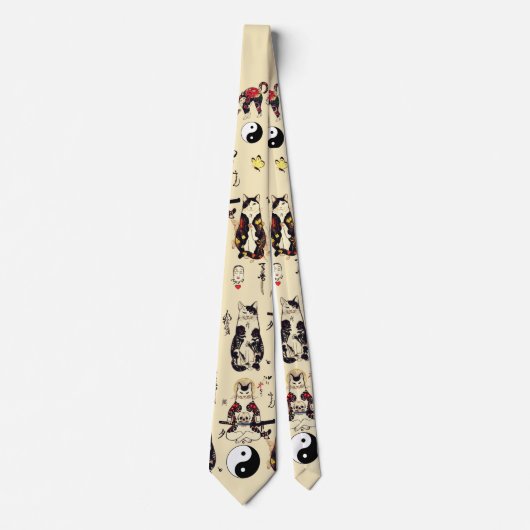 SAMURAI-KATZEN IN SKULL,SKELETON,BUTTERFLY-TATTOOS KRAWATTE (Vorderseite)