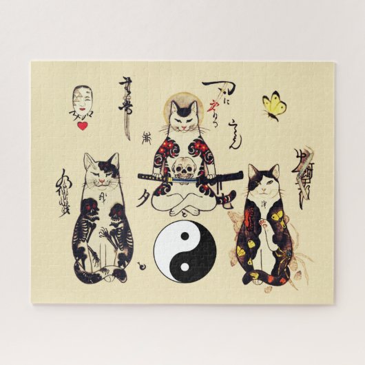 SAMURAI-KATZEN IN SKULL,SKELETON,BUTTERFLY-TATTOOS PUZZLE (Horizontal)