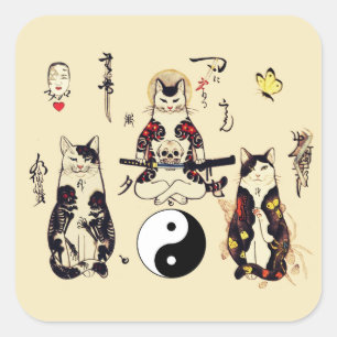 SAMURAI-KATZEN IN SKULL,SKELETON,BUTTERFLY-TATTOOS QUADRATISCHER AUFKLEBER