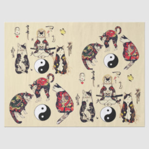 SAMURAI-KATZEN IN SKULL,SKELETON,BUTTERFLY-TATTOOS SEIDENPAPIER