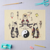 SAMURAI-KATZEN IN SKULL,SKELETON,BUTTERFLY-TATTOOS SEIDENPAPIER (Basteln)