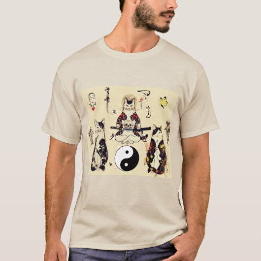 SAMURAI-KATZEN IN SKULL,SKELETON,BUTTERFLY-TATTOOS T-Shirt (Vorderseite)