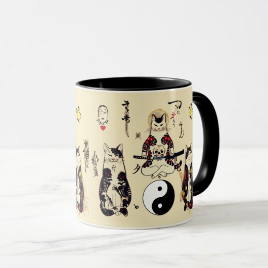 SAMURAI-KATZEN IN SKULL,SKELETON,BUTTERFLY-TATTOOS TASSE (VorderseiteRechts)