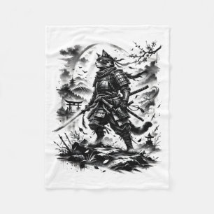 Samurai-Katzenkrieger Vintage-Tinte-Style-Grafik Fleecedecke