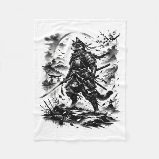 Samurai-Katzenkrieger Vintage-Tinte-Style-Grafik Fleecedecke (Vorderseite)