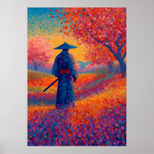 Samurai-Kirschblüten-Pointillismus-Kunst Poster