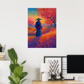 Samurai-Kirschblüten-Pointillismus-Kunst Poster (Heimbüro)