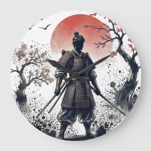 Samurai-Krieger mit Doppel-Katanas Sonnenuntergang Große Wanduhr