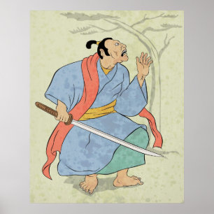 Samurai-Krieger mit Schwert-Holzblock-Druck Poster