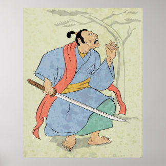 Samurai-Krieger mit Schwert-Holzblock-Druck Poster