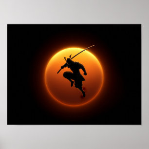 Samurai-Krieger-Silhouette gegen orangefarbene Son Poster