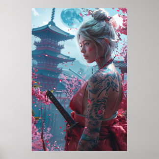 Samurai-Kriegerin mit Katana — japanische Kultur Poster