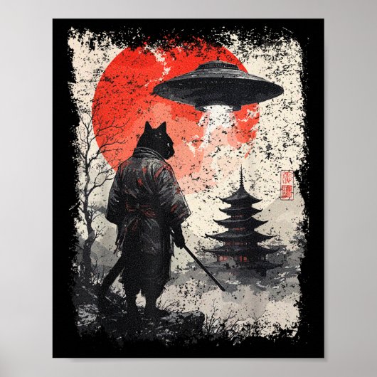 Samurai Ninja Cat Warrior Sumi-e Ufo Ukiyo-e Sci F Poster (Vorne)