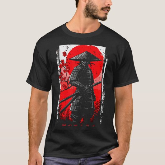 Samurai Red Sun Cherry Blossoms Japanese Art Men W T-Shirt (Vorderseite)