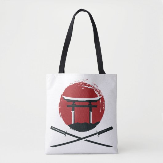 Samurai Schwertsymbol mit Torii Gate Cartoon Vinta Tasche (Vorderseite)