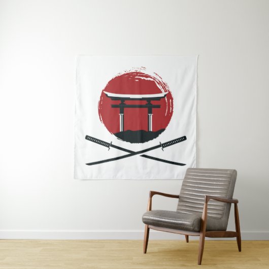 Samurai Schwertsymbol mit Torii Gate Cartoon Vinta Wandteppich (Beispiel)