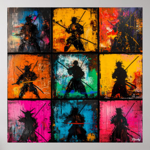 Samurai-Silhouette-Kunstgitter fett im Graffiti-St Poster