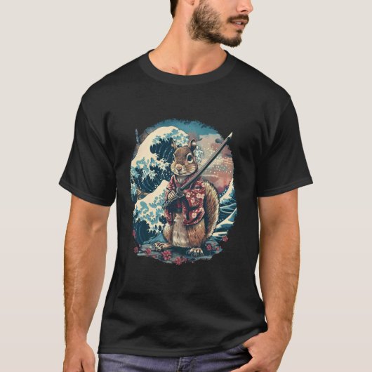 Samurai Squirrel Wave Ocean Sakura Japanischer Squ T-Shirt (Vorderseite)