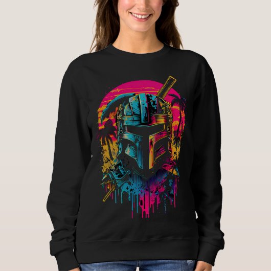 Samurai Synthwave Retrowave Farbige 80er Grafik Sweatshirt (Vorderseite)