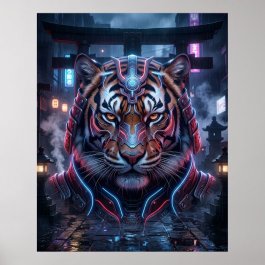 Samurai Tiger Neon Tempel Poster (Vorne)