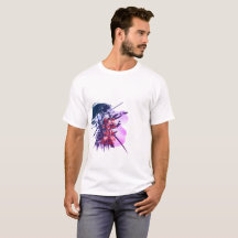Samurai-Tinte-Kunst-T-Shirt - Doppelseitig Blau &