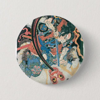 Samurai tötet einen Dämon, alte japanische Malerei Button