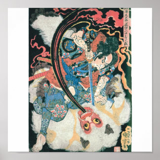 Samurai tötet einen Dämon, alte japanische Malerei Poster