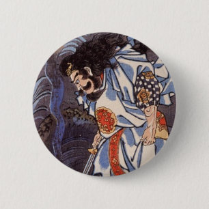 Samurai und Wasserdrache Vintage-Japanischer Druck Button