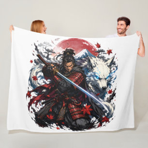 Samurai und White Wolf Tasse   Japanischer Krieger Fleecedecke