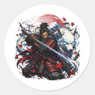 Samurai und White Wolf Tasse Japanischer Krieger Runder Aufkleber