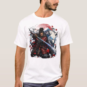 Samurai und White Wolf Tasse Japanischer Krieger T-Shirt