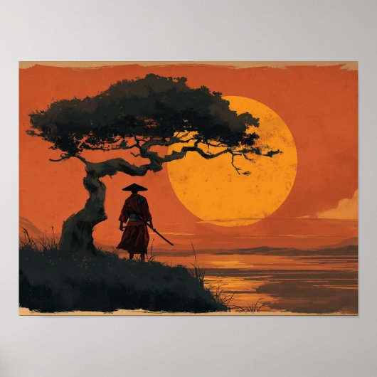 Samurai Under Sunset Tree in Traditional Japanese Poster (Vorne)